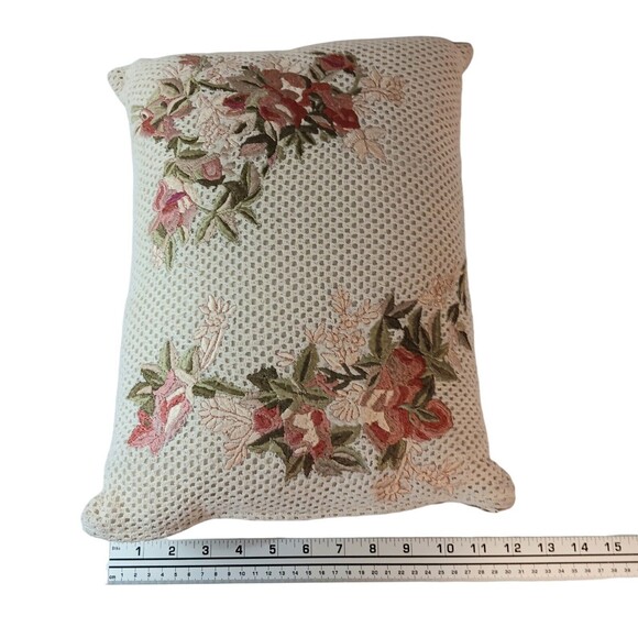 Floral Embroidered Pillow Cream Pink Rust Green Cottagecore Rectangle 15" X 12" - Picture 9 of 14